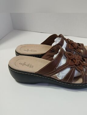 Clarks Brown Leather Wedge Mules